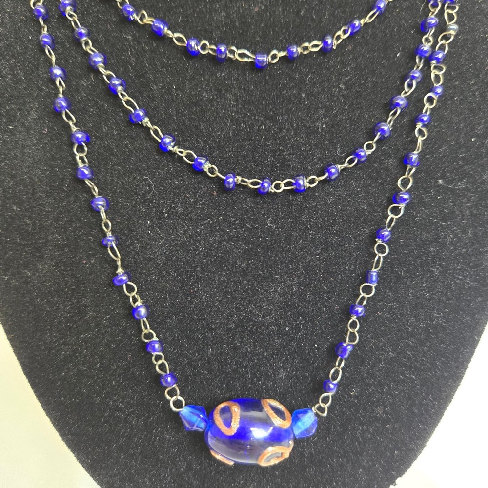 Multi-Strand Beaded Statement Necklace, Pendant Bead, Blue/Silver Tone,‎ 20"
